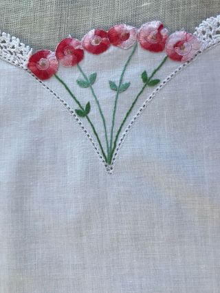 ANTIQUE AFTERNOON TEA CLOTH,  HAND - EMBROIDERED FLOWERS,  CROCHET EDGING 4