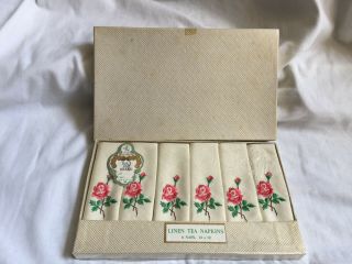 Vintage 1960s Set Of 6 Linen Rose Floral Embroidered Napkins Box