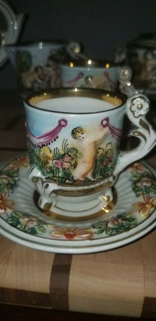 antique Capodimonte 17 Piece Tea Coffee Demitasse Set Cherubs Italy 2