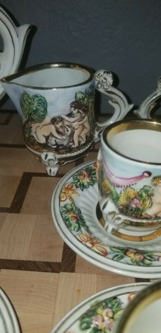 antique Capodimonte 17 Piece Tea Coffee Demitasse Set Cherubs Italy 6