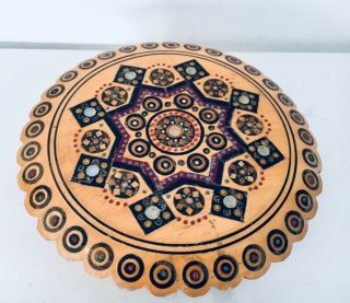 Vintage Wood Marquetry Mosaic Inlay Trinket Box Round With Lid