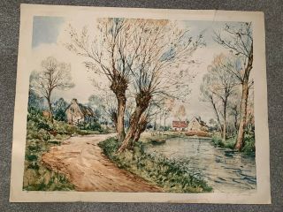 Antique French Etching By Lecomte Hand Colored Landscape Paris Etching Society