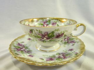 Antique Tea Cup & Saucer Royal Sealy China Japan Purple Flowers Gold Trimming