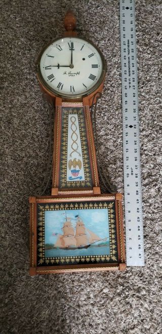 Antique Banjo Clock Case - Reverse Painted Glass - Ship.  Some Workings