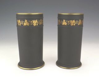 Antique Wedgwood Black Basalt Pottery - Gilded Vine Leaf Banded Vases