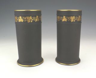 Antique Wedgwood Black Basalt Pottery - Gilded Vine Leaf Banded Vases 2