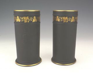 Antique Wedgwood Black Basalt Pottery - Gilded Vine Leaf Banded Vases 3