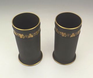Antique Wedgwood Black Basalt Pottery - Gilded Vine Leaf Banded Vases 5