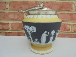 Old Antique Wedgwood 3 - Color Jasperware Biscuit Jar Yellow Black White Silverplt 2