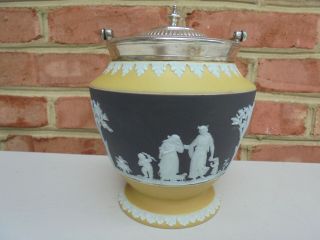 Old Antique Wedgwood 3 - Color Jasperware Biscuit Jar Yellow Black White Silverplt 3