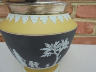 Old Antique Wedgwood 3 - Color Jasperware Biscuit Jar Yellow Black White Silverplt 5