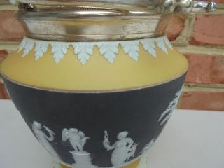 Old Antique Wedgwood 3 - Color Jasperware Biscuit Jar Yellow Black White Silverplt 6