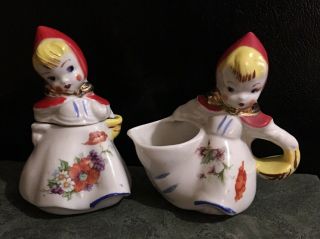 Antique Little Red Riding Hood Sugar/condiment Jar (no Spoon) & Creamer Pitcher