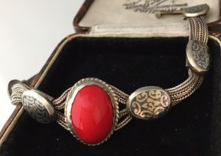 vintage antique jewellery silver and red glass cabochon bracelet 3