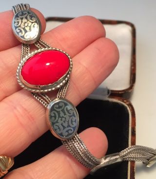 vintage antique jewellery silver and red glass cabochon bracelet 6