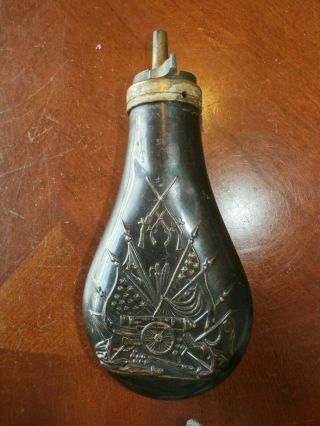 Vintage Antique Brass Copper Black Powder Flask W/ Patriotic Military Decoration