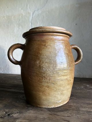 Large Antique French Glazed Stoneware Confit Pot Jar With Lid.  C1900