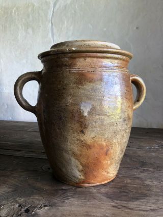 Antique French Glazed Stoneware Confit Pot Jar With Lid.  C1900
