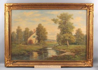 Large Antique Gregory Hollyer English Country Cottage Landscape Oil Painting,  Nr