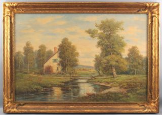 Large Antique GREGORY HOLLYER English Country Cottage Landscape Oil Painting,  NR 2