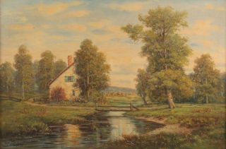 Large Antique GREGORY HOLLYER English Country Cottage Landscape Oil Painting,  NR 3