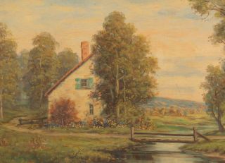Large Antique GREGORY HOLLYER English Country Cottage Landscape Oil Painting,  NR 4