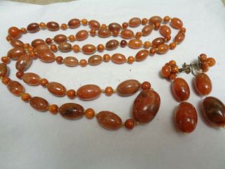 Antique Long Hand Knotted Amber Bakelite ? Plastic Beaded Necklace Earrings Set