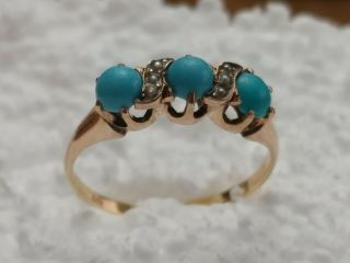Antique 14k Yellow Gold Ring W/ Round Turquoise & Small Pearls Sz 8