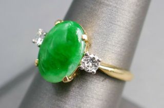 Fine Vintage 14k Gold Diamond Chinese Gem Quality Green Jade Ring Sz 8.  15