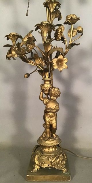 19thc Antique Victorian Putti Statue Old Brass Flower Ormolu Candelabra Lamp