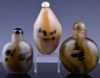 Estate Coll.  3 Antique Chinese Shadow Agate Design Carved Glass Snuff Bottles