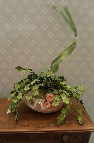 Dollhouse Miniature Vintage Ivy In Hanging Basket,  Artisan Made,  1:12