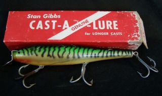 Vintage Stan Gibbs Cast A Lure Large Wood Fishing Striper 9 " Green Swimmer W Box