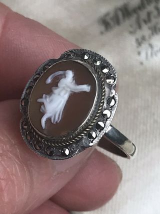 Unusual Antique Art Deco Italian Carved Cameo 800 Silver Mount Dress Ring