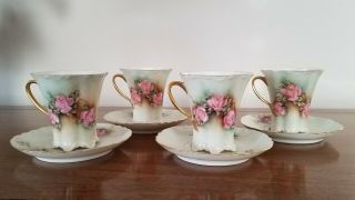 4 Rare Antique Haviland Limoges Cups & Saucers W/handpainted Rose Design