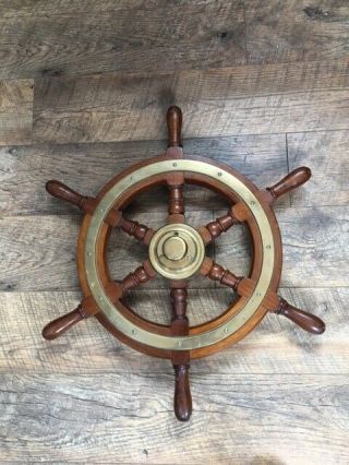 Nautical Wooden Ship Steering Wheel With Brass Detail