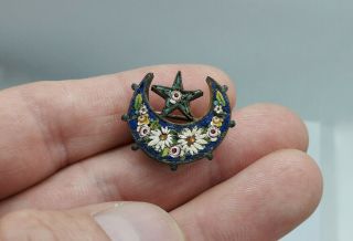 Antique Micromosaic Crescent Moon Star Pin Brooch Signed