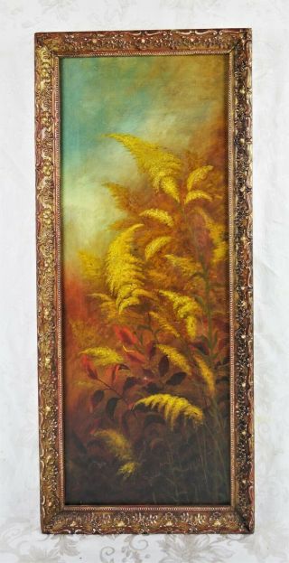 Antique 19th Century Floral Landscape Oil Painting Of Field Ferns Flowers Gesso