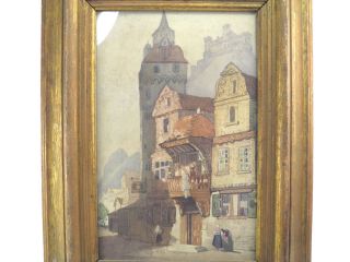Antique 19th century Continental School watercolour painting street cityscape 2