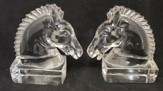 Antique 1938 Heisey Horse Head Glass Bookends.  7 " High.  8.  6 Lbs.