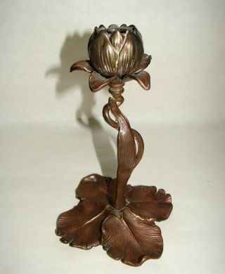 Antique Art Nouveau Bronze Single Light Floral Candlestick