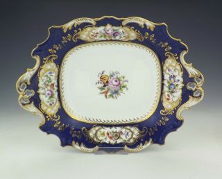 Antique English Porcelain Flower Painted Dish - With Cobalt Blue Glazed Borders