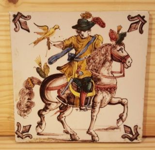 Antique Hand Painted Delft 5 " Tile - Royal Knight On Horse - Made In Holland