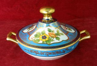 Antique High - Quality Gilt Noritake Lidded Porcelain Bowl,  Painted Bird & Flowers