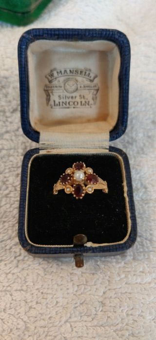 9ct Gold Ring With Lustrous Pearls And Garnets.  Old Antique With A Uk Hallmark.