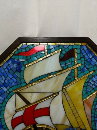 Rare Vintage Glass Mosaic Sailing Ship Framed Panel Picture Tiffany Style 2