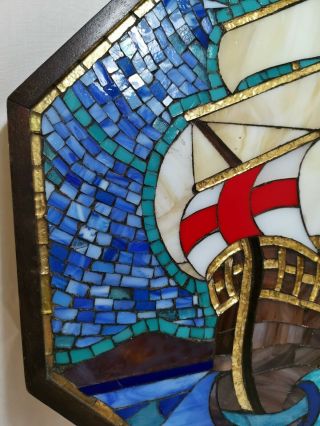 Rare Vintage Glass Mosaic Sailing Ship Framed Panel Picture Tiffany Style 3