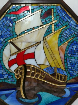Rare Vintage Glass Mosaic Sailing Ship Framed Panel Picture Tiffany Style 4