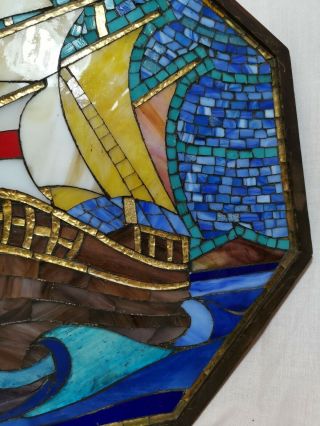 Rare Vintage Glass Mosaic Sailing Ship Framed Panel Picture Tiffany Style 5