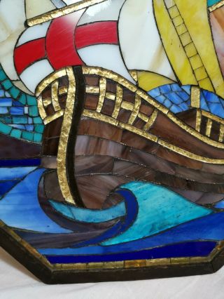 Rare Vintage Glass Mosaic Sailing Ship Framed Panel Picture Tiffany Style 6